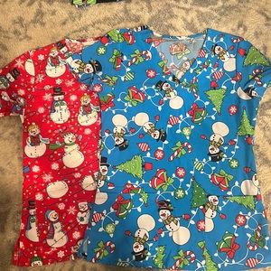 2 Snowmen Scrub Tops Red & Blue